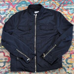 Zara Navy Nylon Bomber Jacket With Faux Leather Trim Silver Hardware